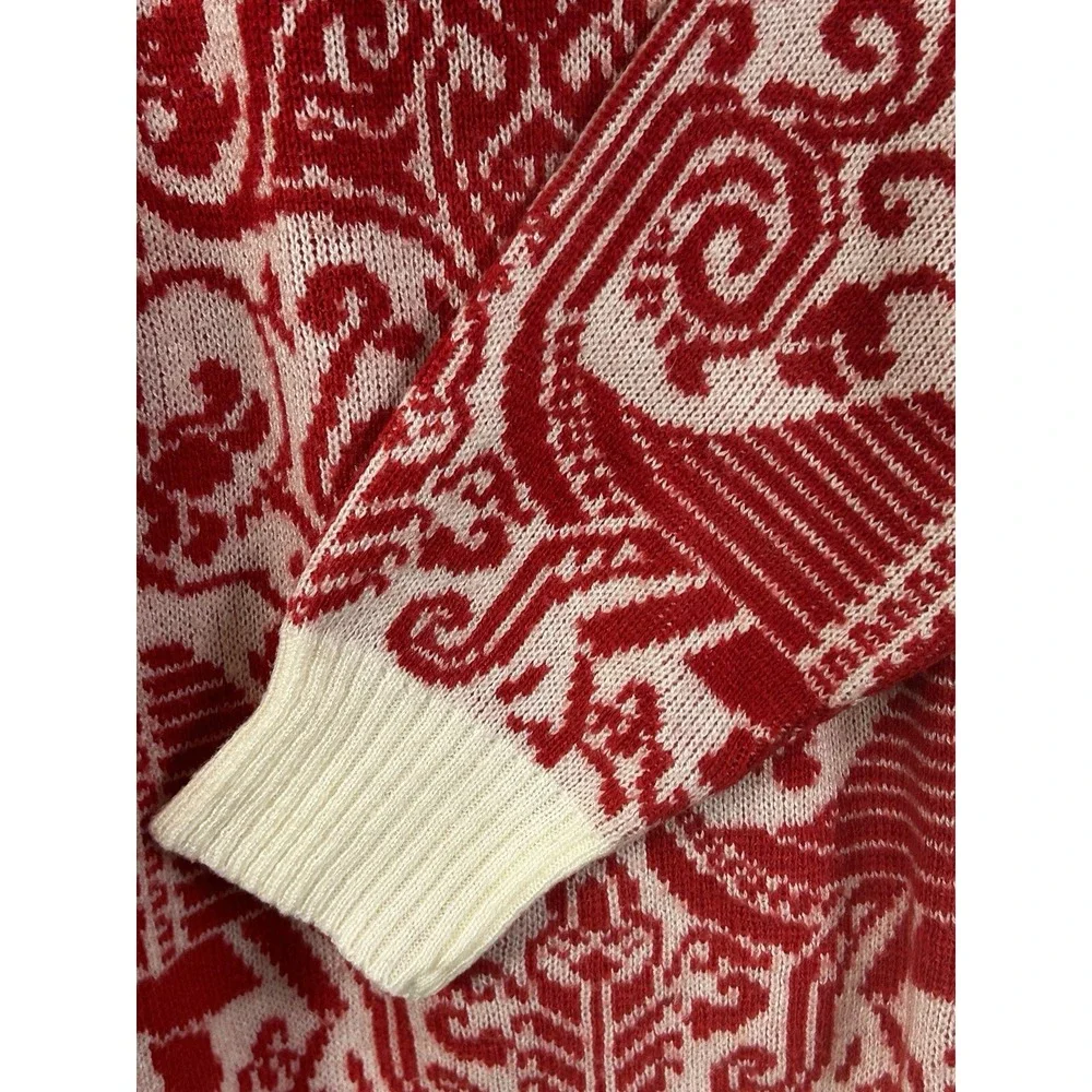 Vintage Red Cream Nordic Folk Art Jacquard Sweater Women S‎ M Boho Tapestry Knit